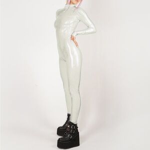 Hologram metallic white with rainbow/silver iridescent catsuit
